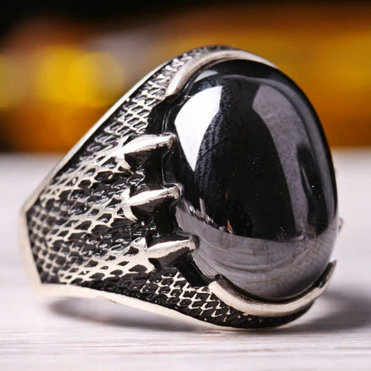 Silver Hooded Claw Onyx Stone Mens Ring