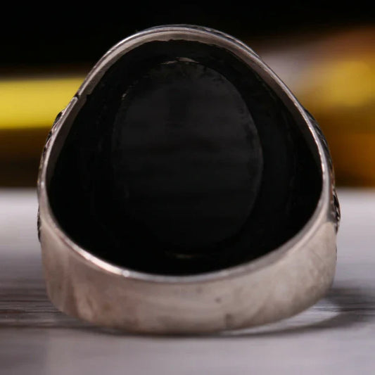 Silver Hooded Claw Onyx Stone Mens Ring