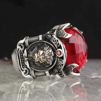 Silver Luxury Ruby Stone King Lion Mens Ring