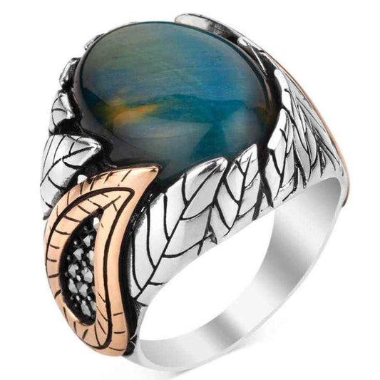 Silver Mens Ring with Natural Blue Tigers Eye Stone