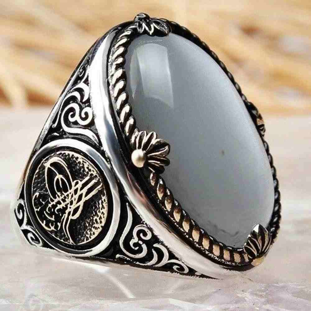 Silver Mens Ring with Original Agate Stone