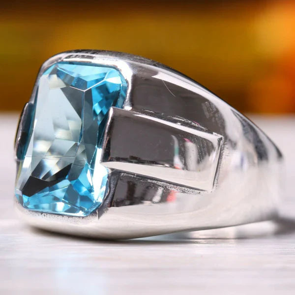 Silver New Luxury Aquamarine Stone Mens Ring