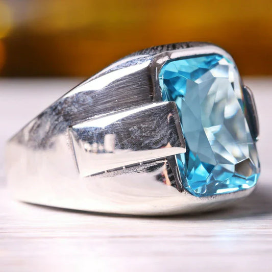 Silver New Luxury Aquamarine Stone Mens Ring