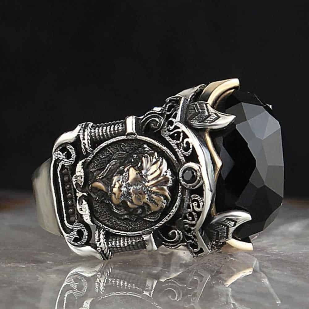 Silver Onyx Stone King Lion Mens Ring