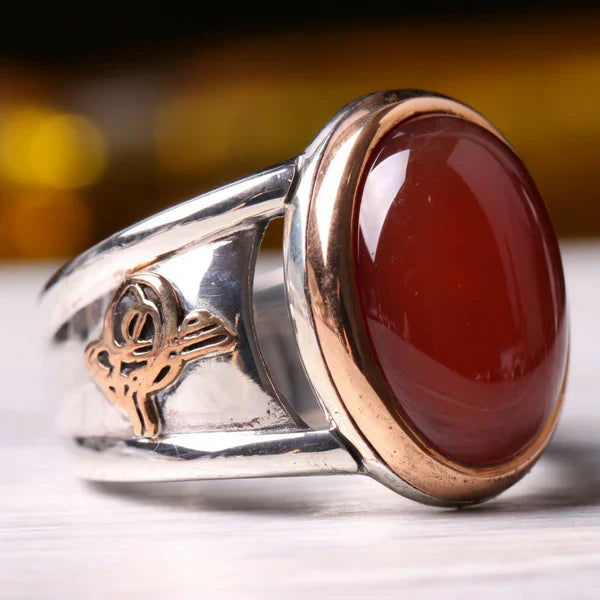 Silver Ottaman Agate Aqeeq Stone Mens Ring