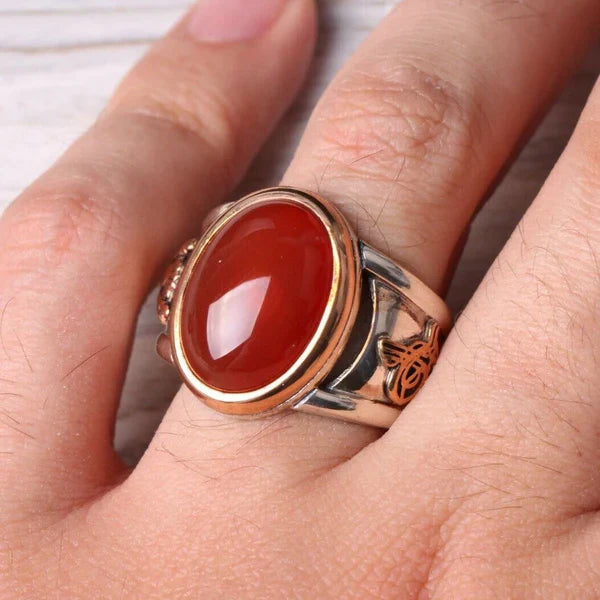 Silver Ottaman Agate Aqeeq Stone Mens Ring