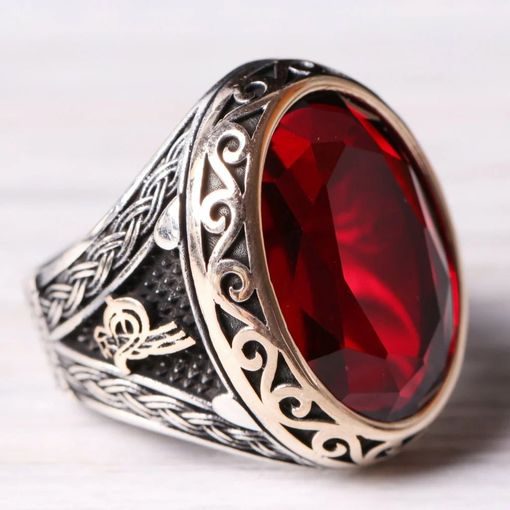 Silver Ottoman Red Ruby Stone Mens Ring