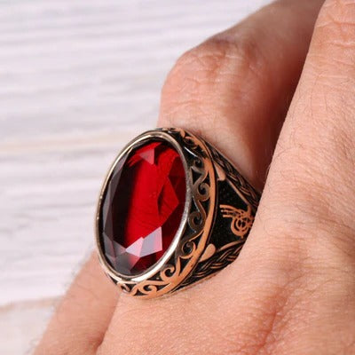 Silver Ottoman Red Ruby Stone Mens Ring