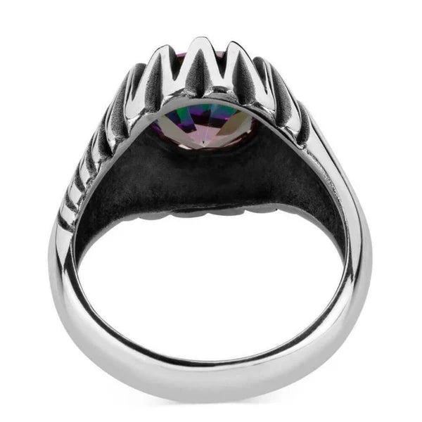 Silver Rainbow Mystic Topaz Stone Luxury Mens Ring