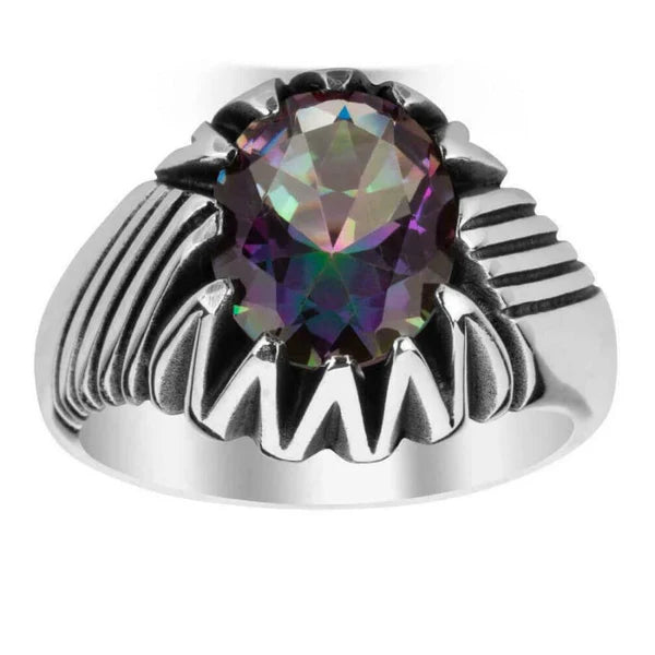 Silver Rainbow Mystic Topaz Stone Luxury Mens Ring