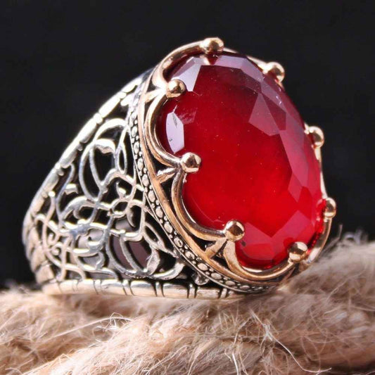Silver Ruby Stone King Crown Mens Ring