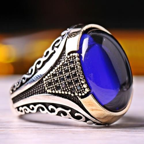 Silver Sapphire and Onyx Stone Luxury Mens Ring