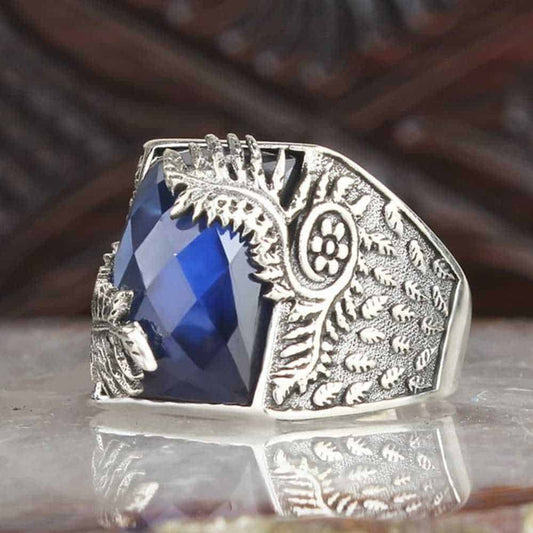 Silver Sapphire Stone Leaf Mens Ring