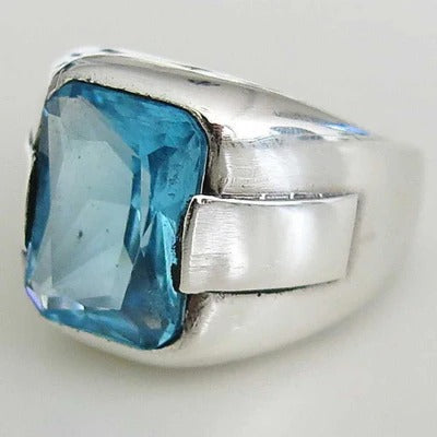 Silver Shiny Aquamarine Stone Mens Man Ring