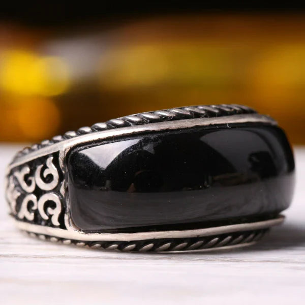 Silver Silver Luxury Onyx Stone Mens Ring
