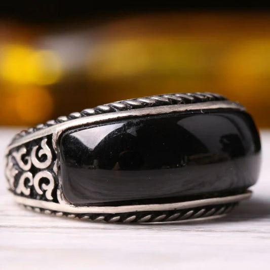Silver Silver Luxury Onyx Stone Mens Ring