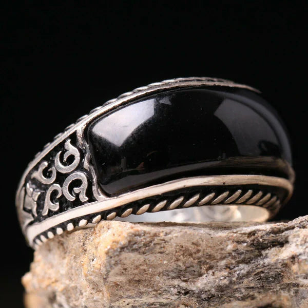 Silver Silver Luxury Onyx Stone Mens Ring