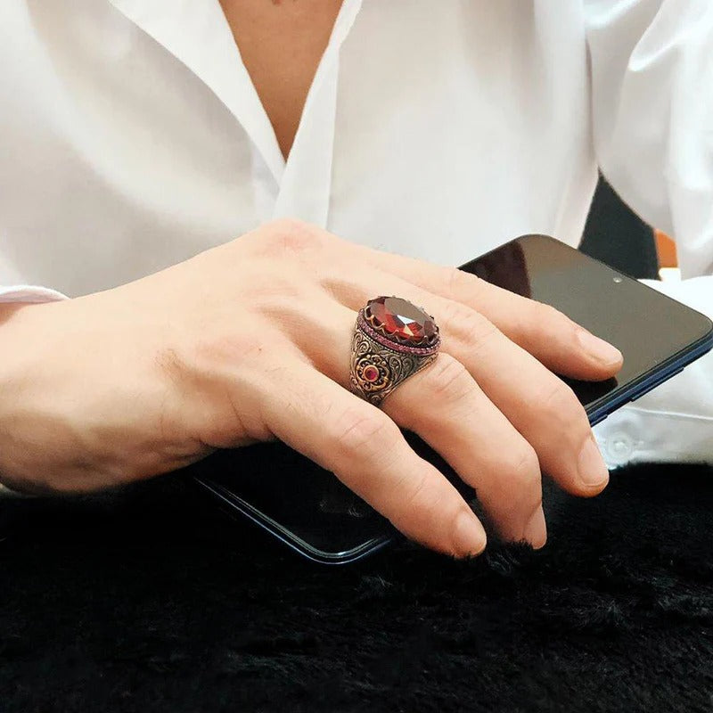 Silver Small Ruby Mens Ring