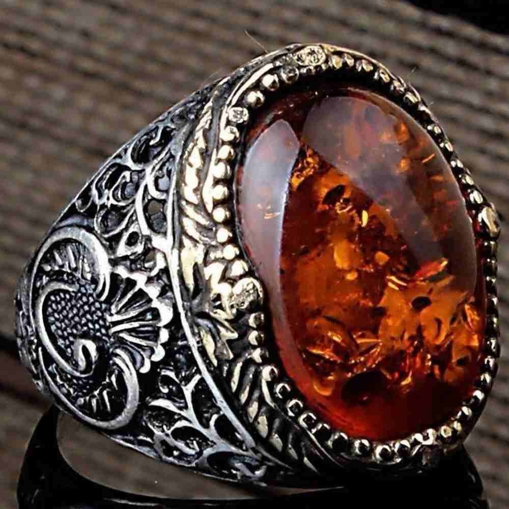 Silver Stylish Amber Stone Mens Ring