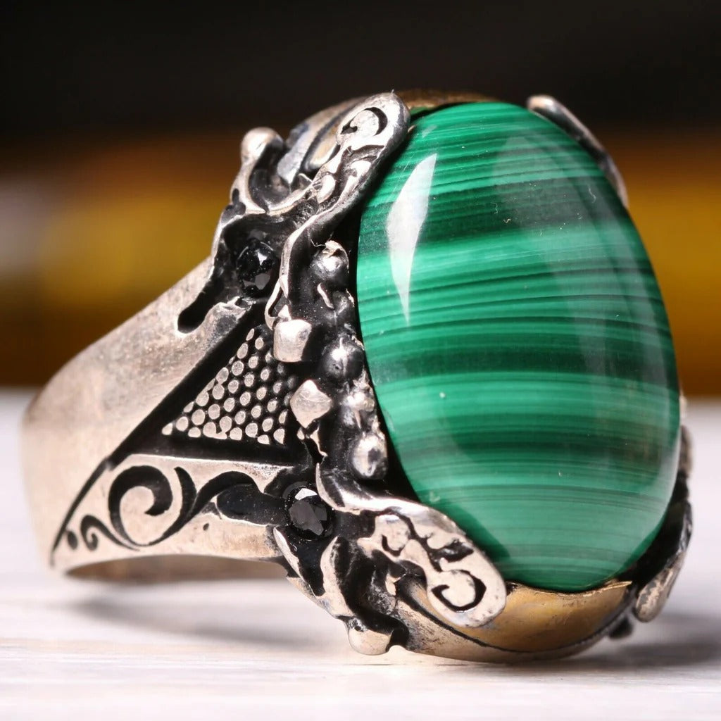 Silver Sword Model Malachite Stone Mens Ring