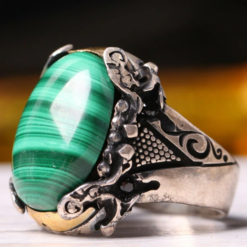 Silver Sword Model Malachite Stone Mens Ring