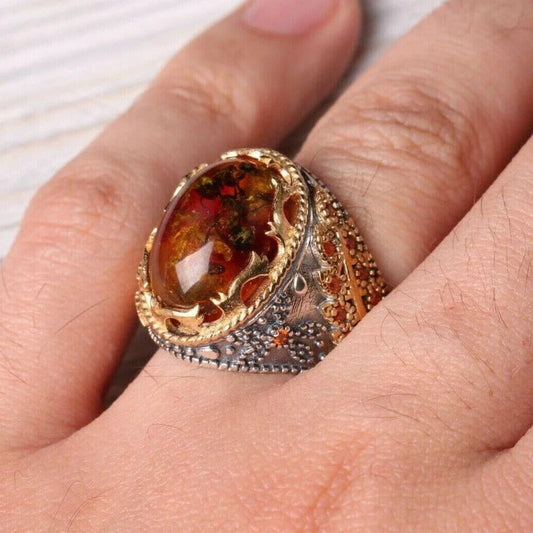 Silver with Fossil Amber and Citrine Stone Mens Ring