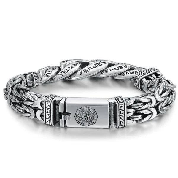 Sterling Silver Sanskrit Buddhist Mantra Curb Chain Bracelet