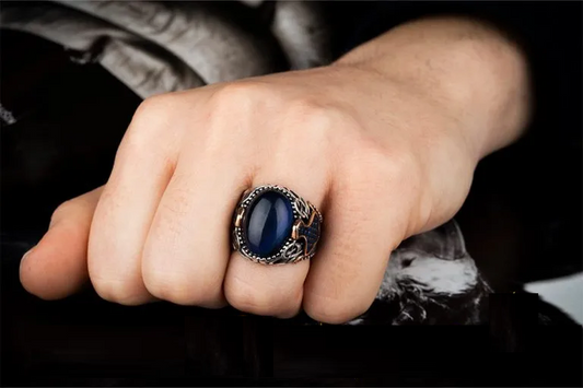 Blue Tiger Eye Oval Zircon Detailed Ring