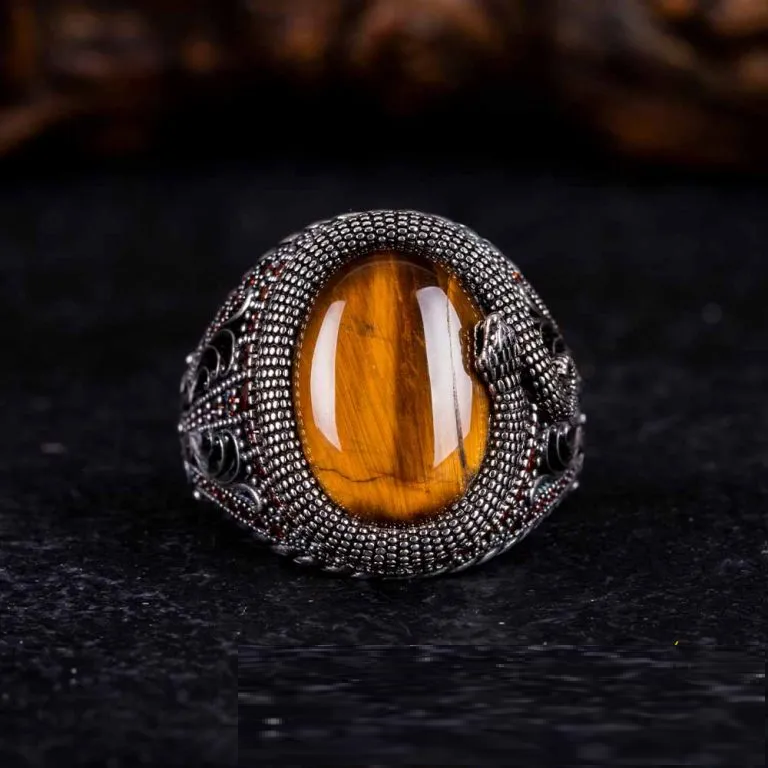 Brown Tiger Eye Zircon Detailed Ring With Snake Figure