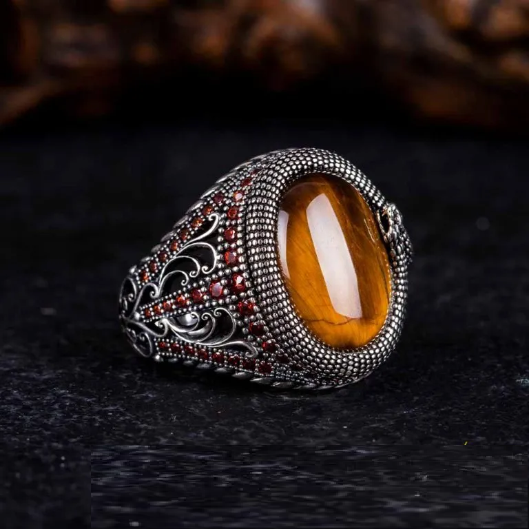 Brown Tiger Eye Zircon Detailed Ring With Snake Figure
