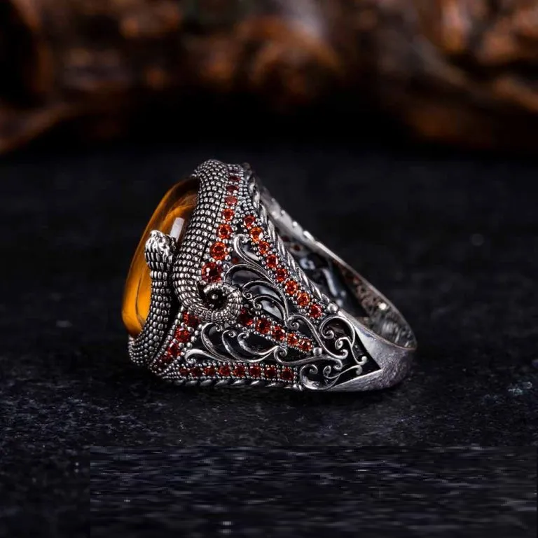 Brown Tiger Eye Zircon Detailed Ring With Snake Figure