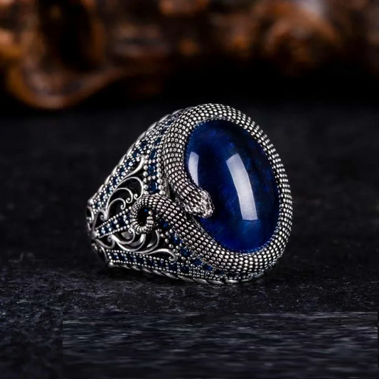 Blue Tiger Eye Zircon Detailed Ring With Snake Figure
