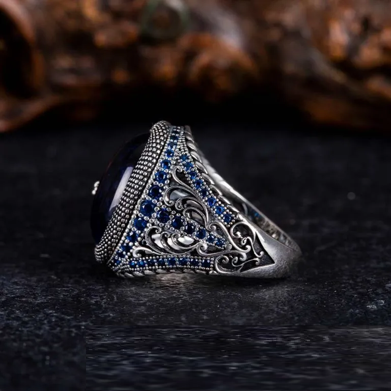 Blue Tiger Eye Zircon Detailed Ring With Snake Figure