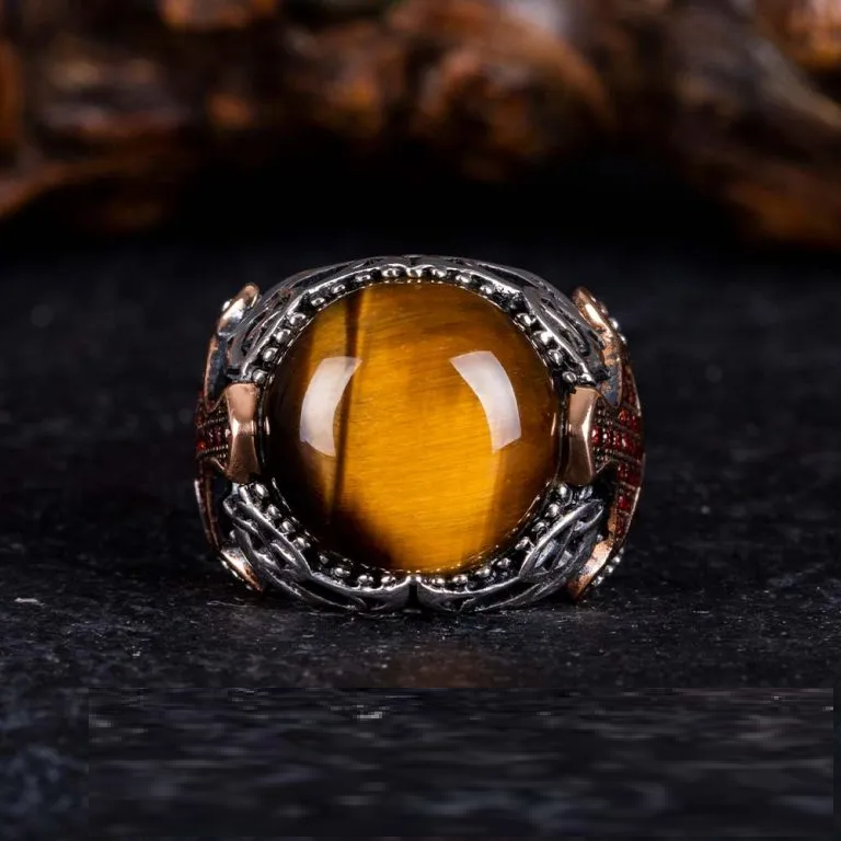 Brown Tiger Eye Round Zircon Detailed Ring