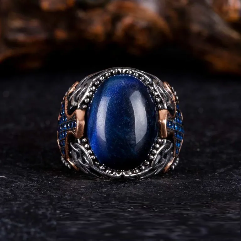 Blue Tiger Eye Oval Zircon Detailed Ring