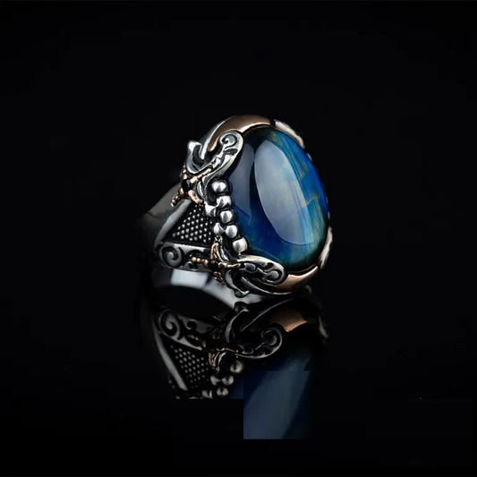 Blue Tiger Eye Crossed Sword Band Silver Ring