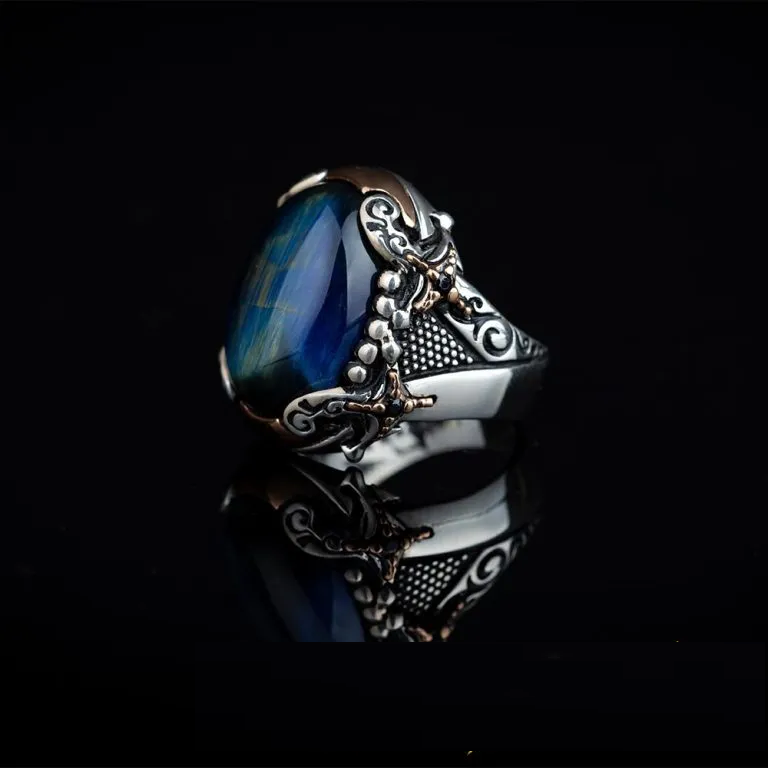 Blue Tiger Eye Crossed Sword Band Silver Ring
