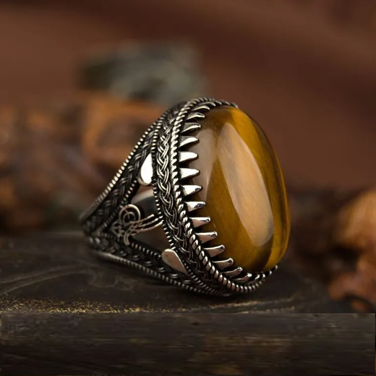 Big Oval Tiger Eye Silver Ring