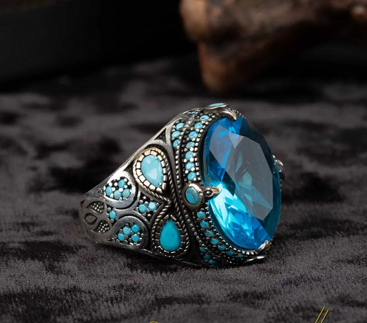 Blue Zircon Men Ring With Turquoise Stones