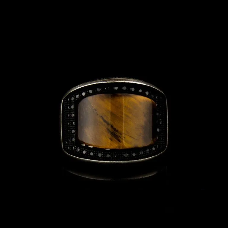 Curved Tiger Eye Silver Ring
