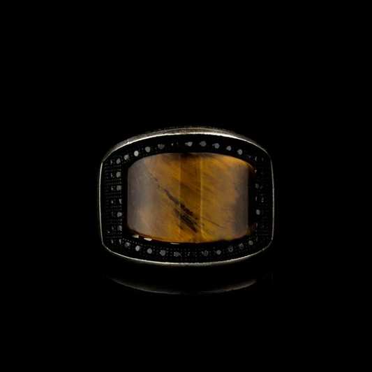 Curved Tiger Eye Silver Ring