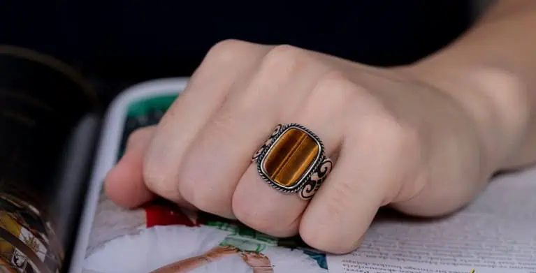 Brown Tiger Eye Rectangle Spear Silver Ring