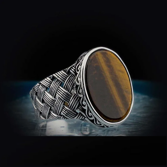 Oval Tiger Eye Knitted Silver Men Ring