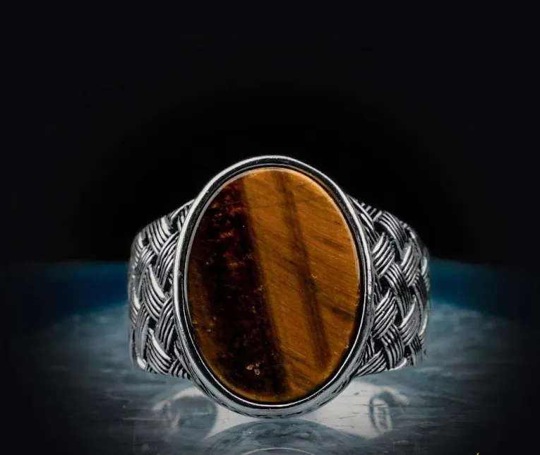 Oval Tiger Eye Knitted Silver Men Ring