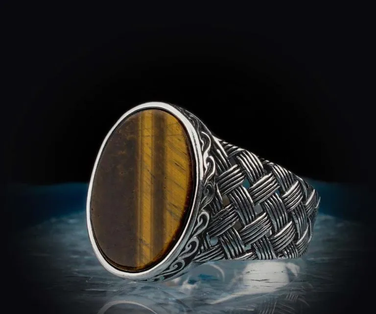 Oval Tiger Eye Knitted Silver Men Ring
