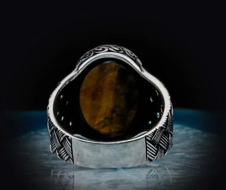 Oval Tiger Eye Knitted Silver Men Ring