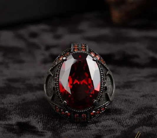 Red Zircon Men Ring With Crescent Star