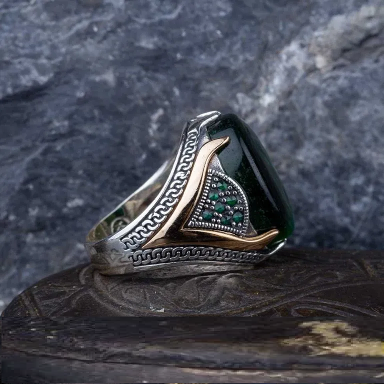 Rectangle Tiger Eye Knitted Silver Men Ring