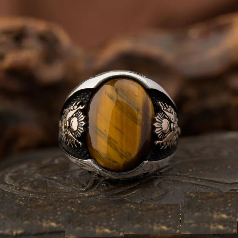 Classy Gentle Tiger Eye Men Ring With Coat of Arms