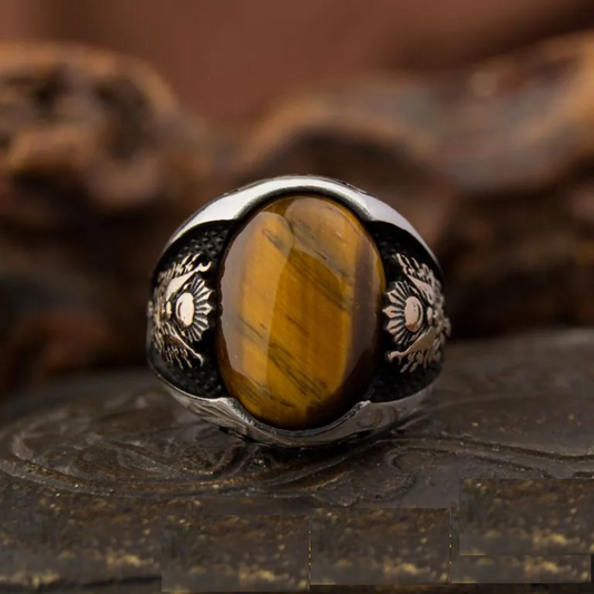Classy Gentle Tiger Eye Men Ring With Coat of Arms